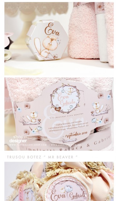 Trusou de botez brodat pentru fetite in culori pastelate, Domnisoara Castor  2